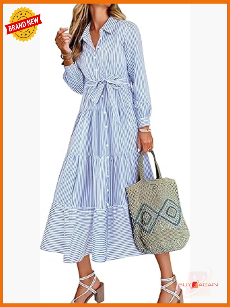 Long Sleeve Maxi Dress With Belt Button Down Casual Shirt Dress